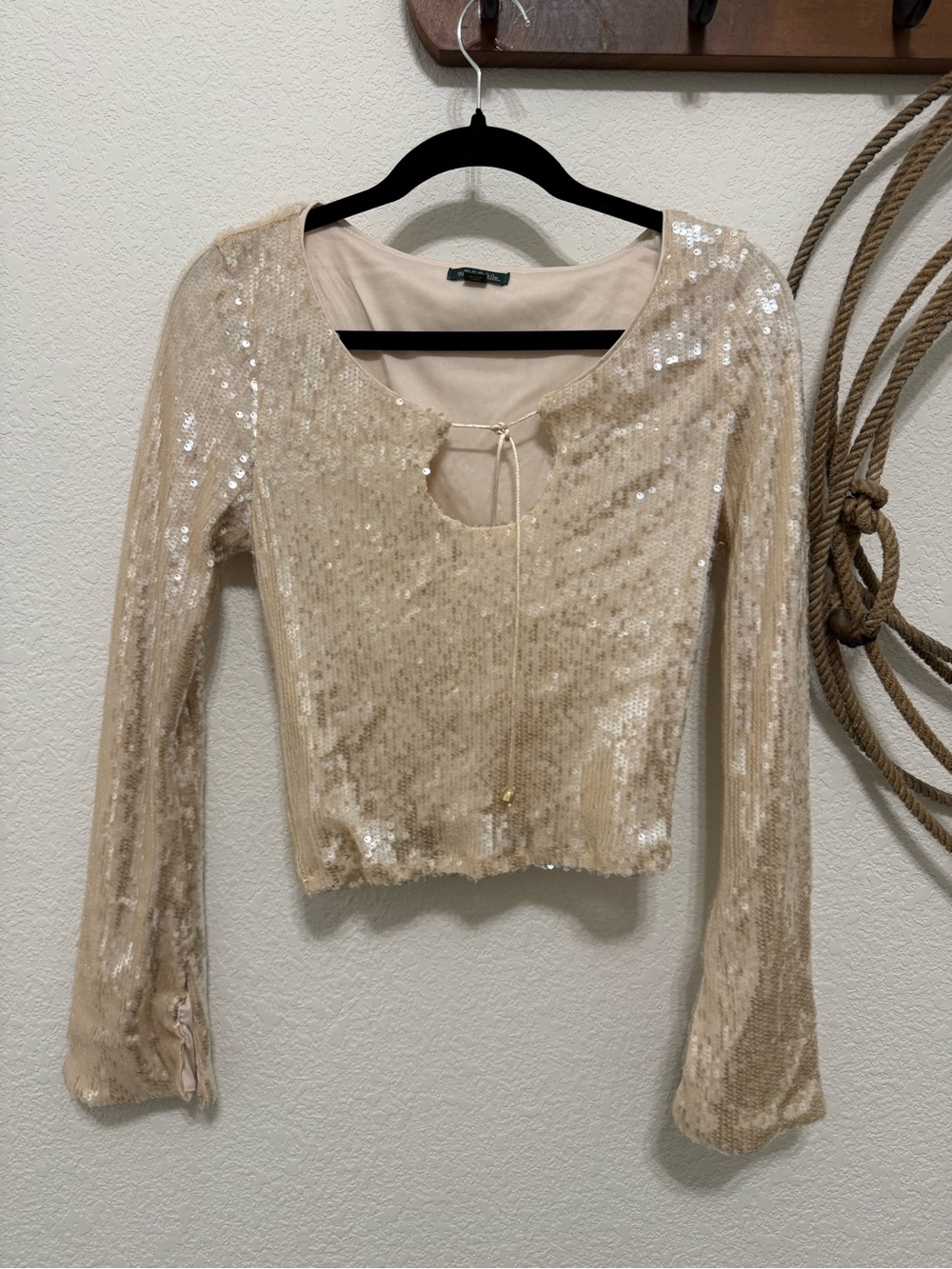 wild fable Gold Sequin Tie-Front Long Sleeve Crop Top